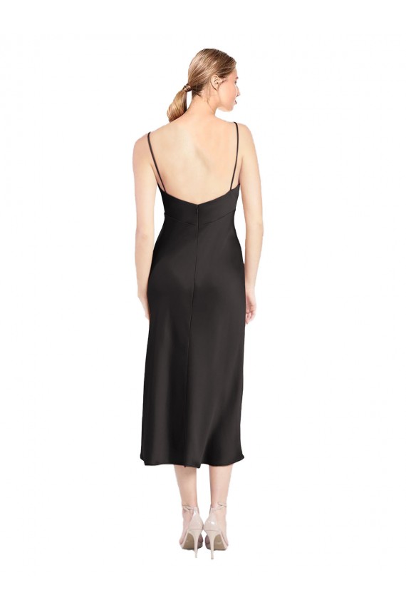Schwarz A-Linien Spaghetti-Träger Haube Ausschnitt Midi Stretch-Satin Kurze Formale Brautjungfernkleider / Abendkleider / Abiballkleider / Cocktailkleider / Heimkehr Kleider Hersteller