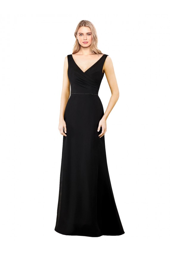 Schwarz A-Linien V-Ausschnitt Chiffon Lange Brautjungfernkleider / Abiballkleider Hersteller