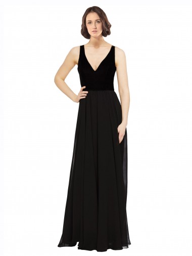 Schwarz A-Linien V-Ausschnitt Chiffon Samt Lange Brautjungfernkleider / Abiballkleider Hersteller