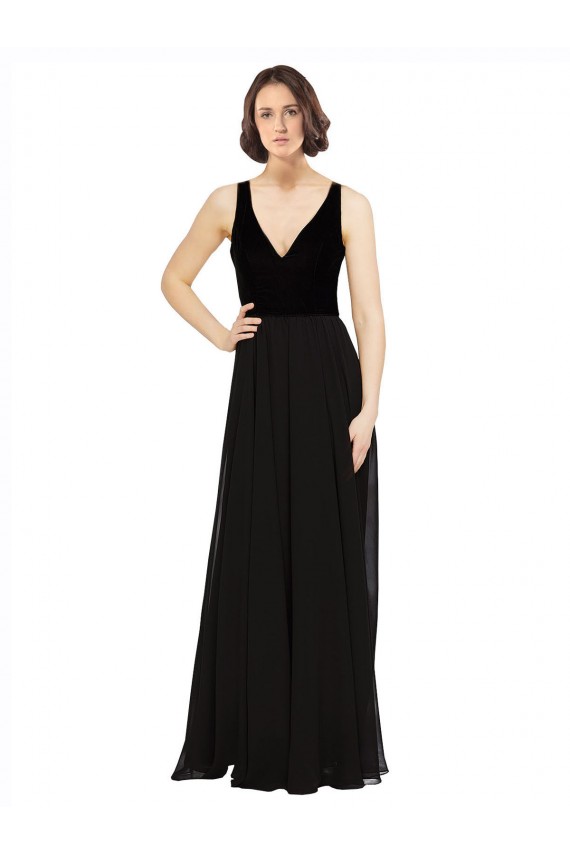 Schwarz A-Linien V-Ausschnitt Chiffon Samt Lange Brautjungfernkleider / Abiballkleider Hersteller