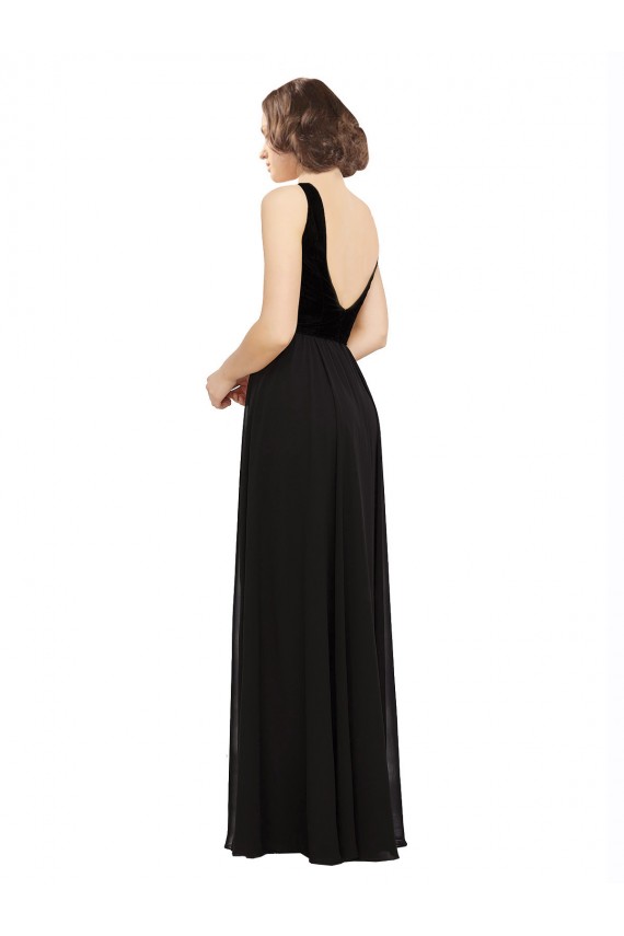 Schwarz A-Linien V-Ausschnitt Chiffon Samt Lange Brautjungfernkleider / Abiballkleider Hersteller