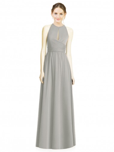 Silber A-Linien Neckholder Chiffon Lange Brautjungfernkleider Hersteller