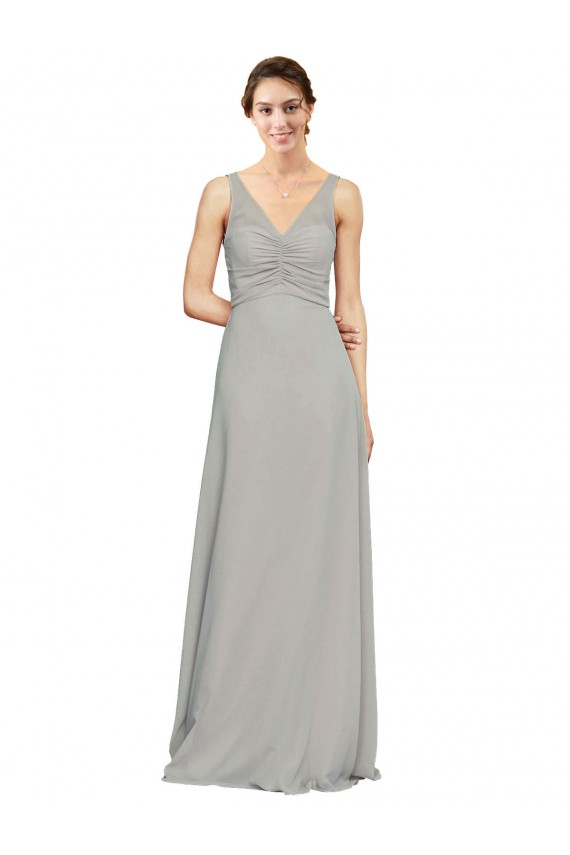 Silber A-Linien V-Ausschnitt Chiffon Lange Brautjungfernkleider Hersteller