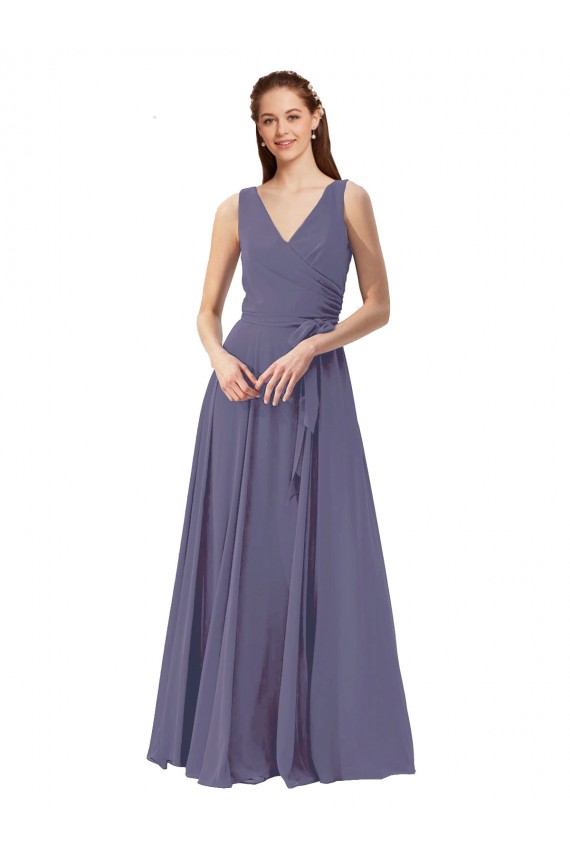 Silberner Stein A-Linien V-Ausschnitt Chiffon Lange Brautjungfernkleider Hersteller