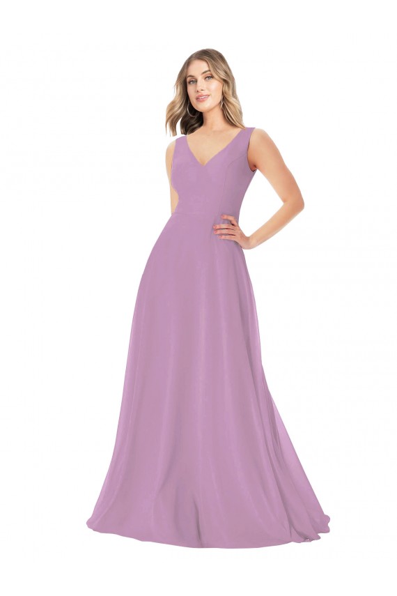 Staubiger Lavendel A-Linien V-Ausschnitt Chiffon Lange Brautjungfernkleider Hersteller