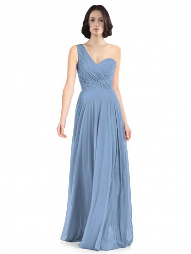 Staubiges Blau A-Linien Eine-Schulter Chiffon Lange Brautjungfernkleider Hersteller