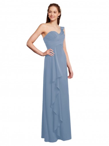 Staubiges Blau A-Linien Eine-Schulter Chiffon Lange Brautjungfernkleider Hersteller