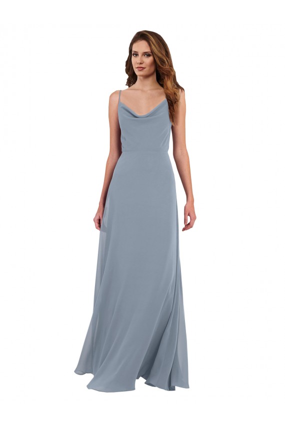 Staubiges Blau A-Linien Haube Ausschnitt Chiffon Lange Brautjungfernkleider Hersteller