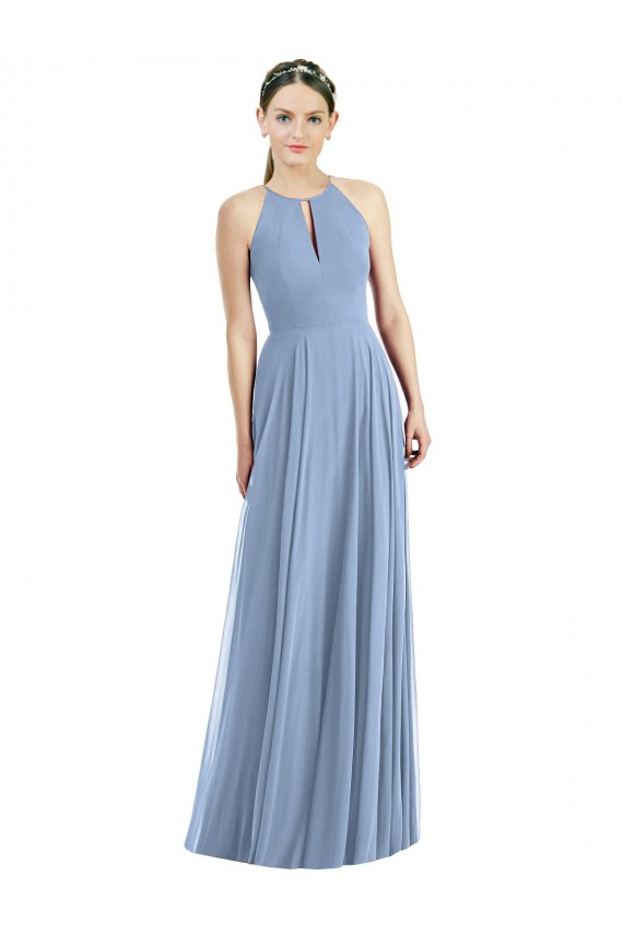 Staubiges Blau A-Linien Neckholder Chiffon Lange Brautjungfernkleider Hersteller