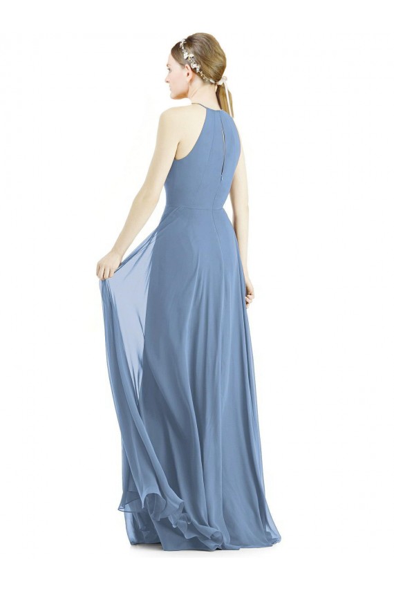 Staubiges Blau A-Linien Neckholder Chiffon Lange Brautjungfernkleider Hersteller