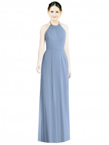 Staubiges Blau A-Linien Neckholder Chiffon Lange Brautjungfernkleider Hersteller