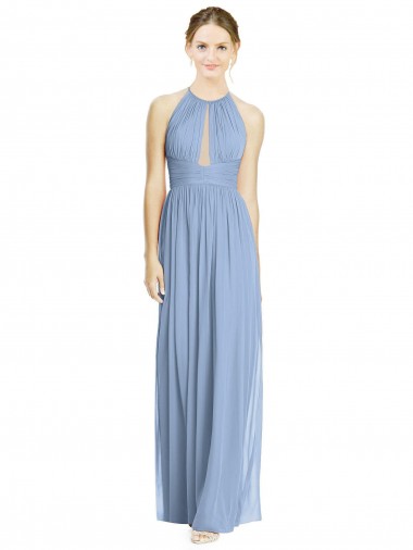 Staubiges Blau A-Linien Neckholder Chiffon Lange Brautjungfernkleider Hersteller