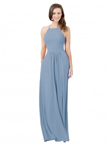 Staubiges Blau A-Linien Neckholder Chiffon Lange Brautjungfernkleider Hersteller