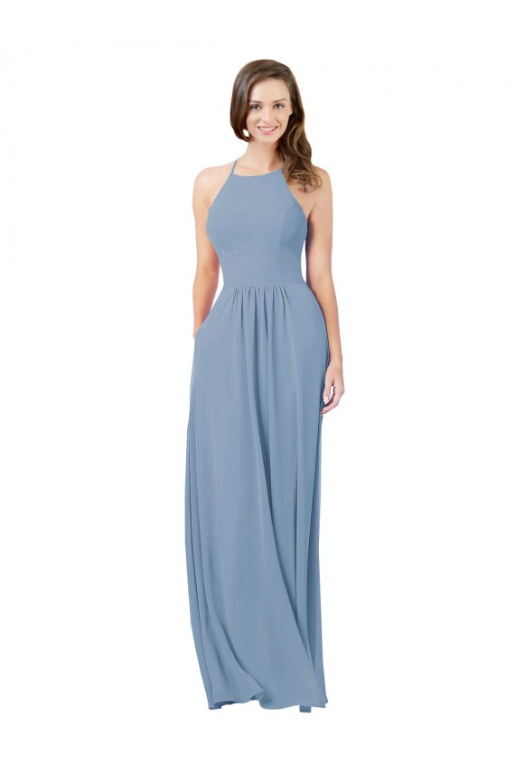 Staubiges Blau A-Linien Neckholder Chiffon Lange Brautjungfernkleider Hersteller