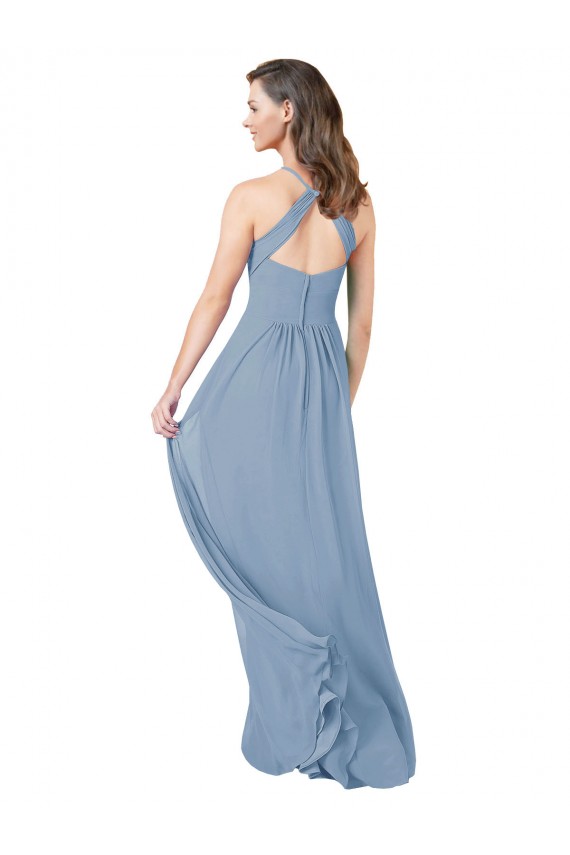 Staubiges Blau A-Linien Neckholder Chiffon Lange Brautjungfernkleider Hersteller