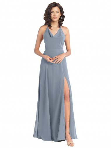 Staubiges Blau A-Linien Neckholder Haube Ausschnitt Chiffon Lange Brautjungfernkleider Hersteller