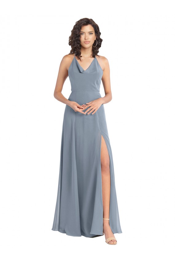 Staubiges Blau A-Linien Neckholder Haube Ausschnitt Chiffon Lange Brautjungfernkleider Hersteller