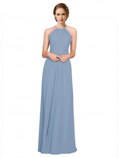 Staubiges Blau A-Linien Neckholder Stehkragen Ausschnitt Chiffon Lange Brautjungfernkleider Hersteller