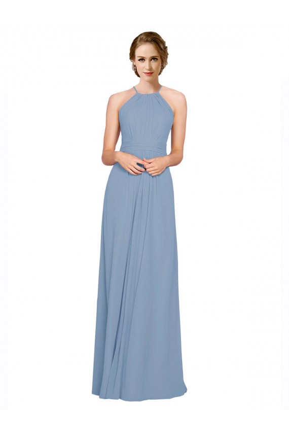 Staubiges Blau A-Linien Neckholder Stehkragen Ausschnitt Chiffon Lange Brautjungfernkleider Hersteller