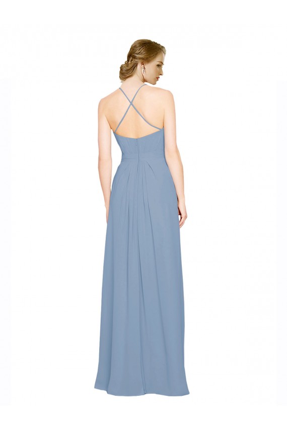 Staubiges Blau A-Linien Neckholder Stehkragen Ausschnitt Chiffon Lange Brautjungfernkleider Hersteller