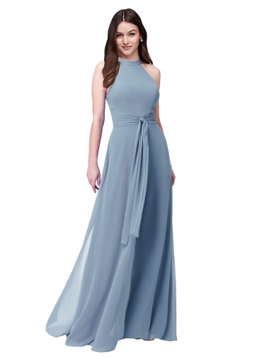 Staubiges Blau A-Linien Neckholder Stehkragen Ausschnitt Chiffon Lange Brautjungfernkleider Hersteller