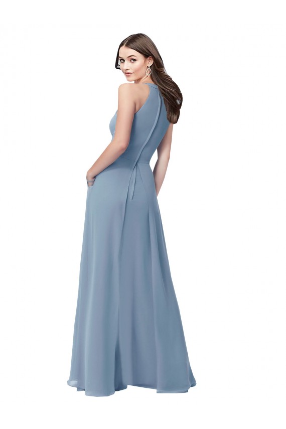 Staubiges Blau A-Linien Neckholder Stehkragen Ausschnitt Chiffon Lange Brautjungfernkleider Hersteller