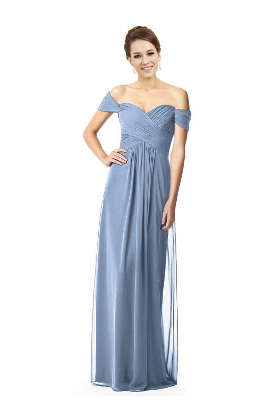 Staubiges Blau A-Linien Off-Schulter Chiffon Lange Brautjungfernkleider Hersteller