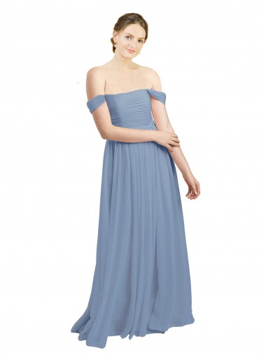 Staubiges Blau A-Linien Off-Schulter Chiffon Lange Brautjungfernkleider Hersteller