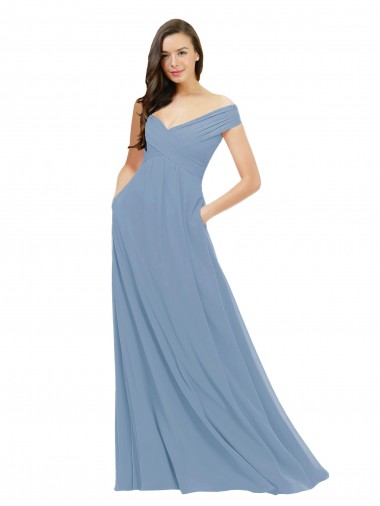Staubiges Blau A-Linien Off-Schulter Chiffon Lange Brautjungfernkleider Hersteller