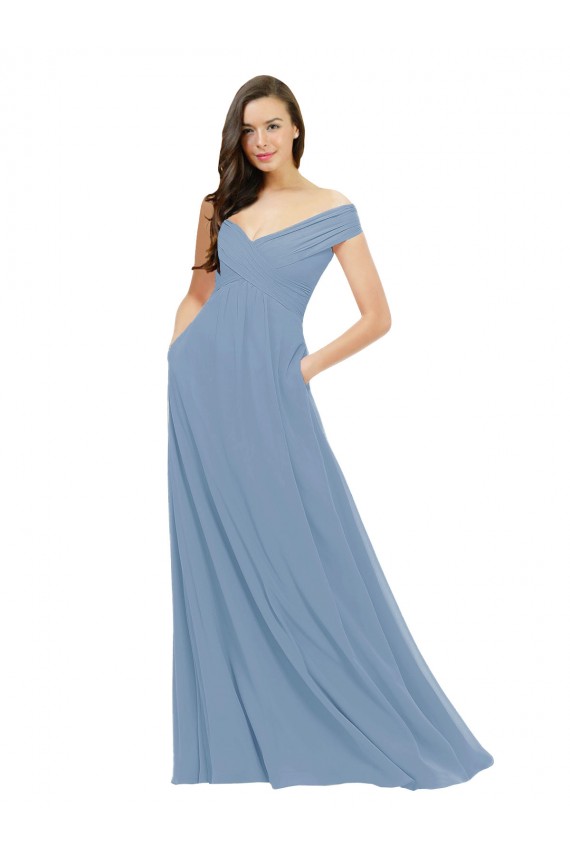 Staubiges Blau A-Linien Off-Schulter Chiffon Lange Brautjungfernkleider Hersteller