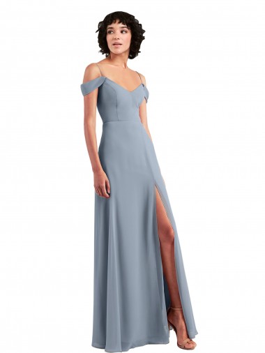 Staubiges Blau A-Linien Off-Schulter Spaghetti-Träger Chiffon Lange Brautjungfernkleider Hersteller