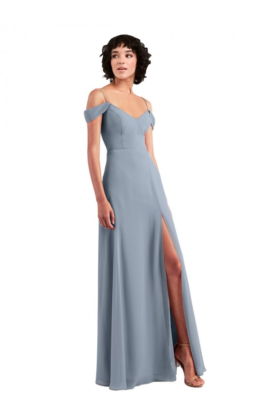 Staubiges Blau A-Linien Off-Schulter Spaghetti-Träger Chiffon Lange Brautjungfernkleider Hersteller