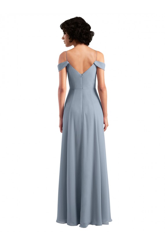 Staubiges Blau A-Linien Off-Schulter Spaghetti-Träger Chiffon Lange Brautjungfernkleider Hersteller