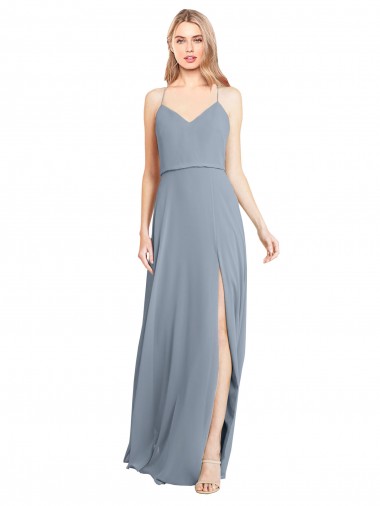 Staubiges Blau A-Linien Off-Schulter Spaghetti-Träger Chiffon Lange Brautjungfernkleider Hersteller