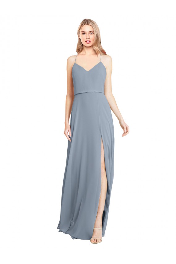 Staubiges Blau A-Linien Off-Schulter Spaghetti-Träger Chiffon Lange Brautjungfernkleider Hersteller