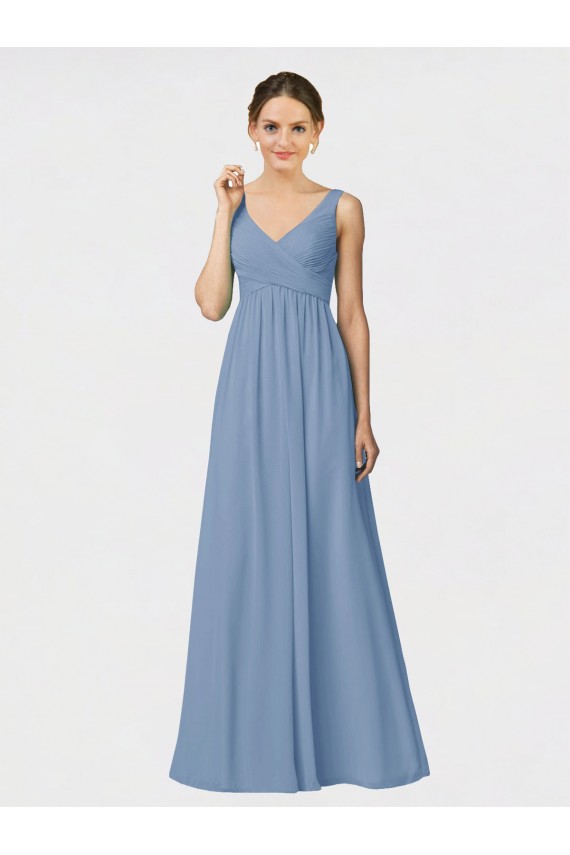 Staubiges Blau A-Linien Spaghetti-Träger Chiffon Lange Brautjungfernkleider Hersteller