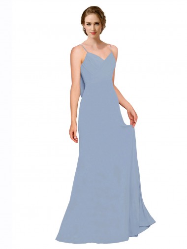 Staubiges Blau A-Linien Spaghetti-Träger Chiffon Lange Brautjungfernkleider Hersteller