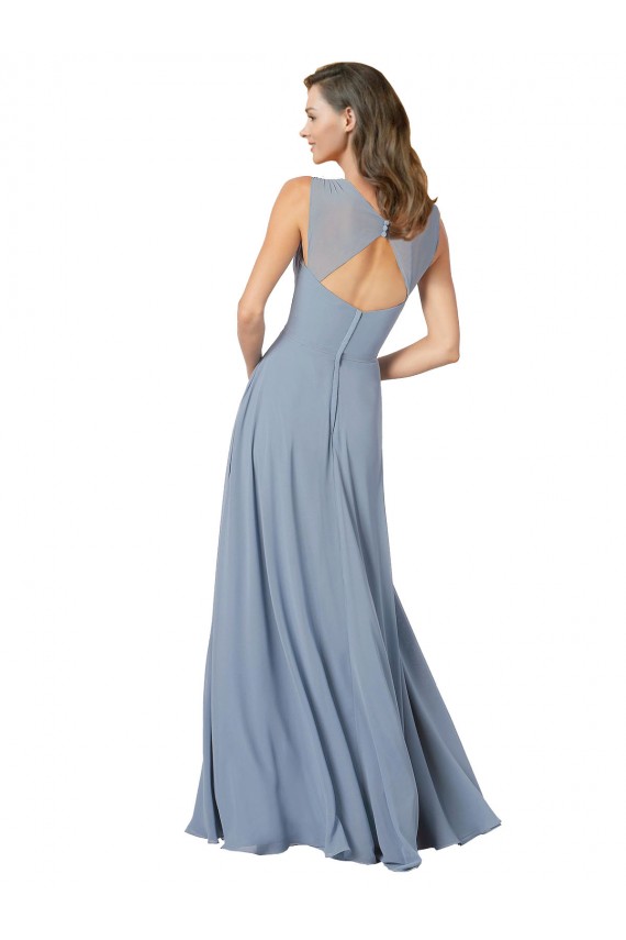 Staubiges Blau A-Linien Spaghetti-Träger V-Ausschnitt Chiffon Lange Brautjungfernkleider Hersteller