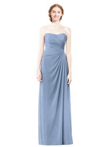 Staubiges Blau A-Linien Trägerlos Chiffon Lange Brautjungfernkleider Hersteller