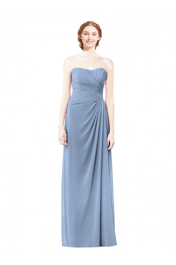 Staubiges Blau A-Linien Trägerlos Chiffon Lange Brautjungfernkleider Hersteller
