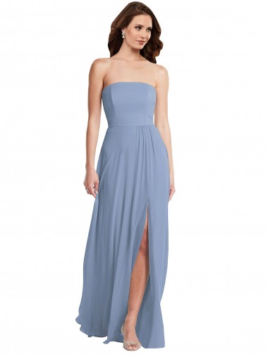 Staubiges Blau A-Linien Trägerlos Chiffon Lange Brautjungfernkleider Hersteller