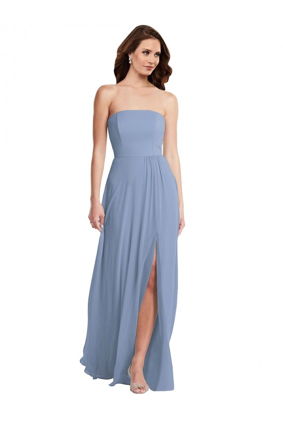 Staubiges Blau A-Linien Trägerlos Chiffon Lange Brautjungfernkleider Hersteller