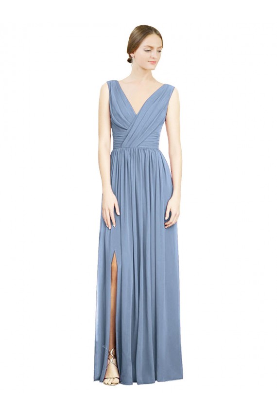Staubiges Blau A-Linien V-Ausschnitt Chiffon Lange Brautjungfernkleider Hersteller