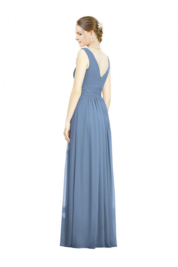Staubiges Blau A-Linien V-Ausschnitt Chiffon Lange Brautjungfernkleider Hersteller