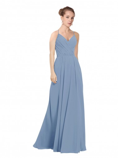 Staubiges Blau A-Linien V-Ausschnitt Chiffon Lange Brautjungfernkleider Hersteller