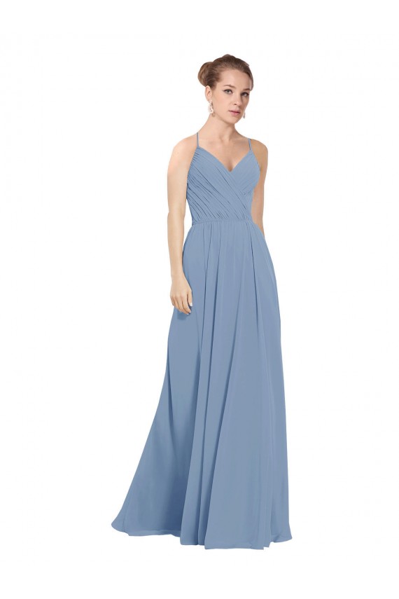 Staubiges Blau A-Linien V-Ausschnitt Chiffon Lange Brautjungfernkleider Hersteller
