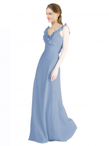 Staubiges Blau A-Linien V-Ausschnitt Chiffon Lange Brautjungfernkleider Hersteller