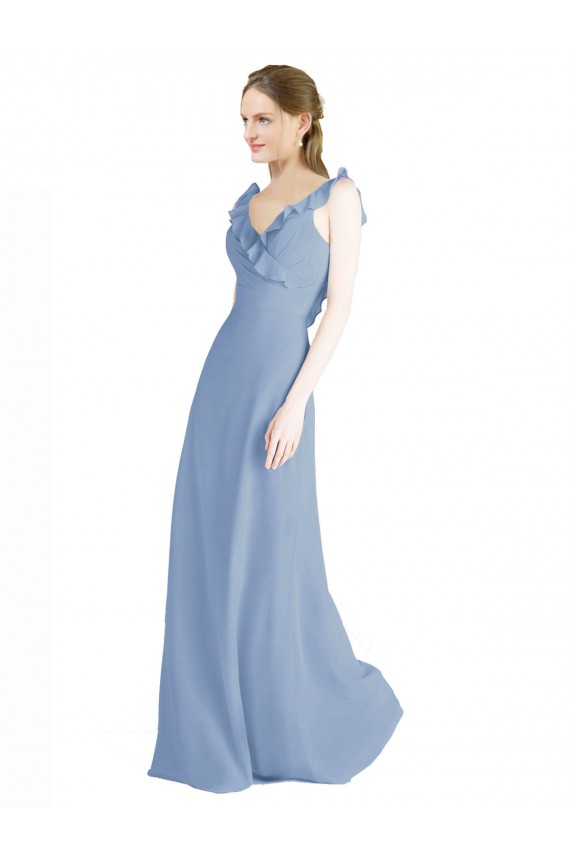 Staubiges Blau A-Linien V-Ausschnitt Chiffon Lange Brautjungfernkleider Hersteller