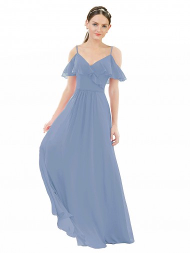Staubiges Blau A-Linien V-Ausschnitt Chiffon Lange Brautjungfernkleider Hersteller