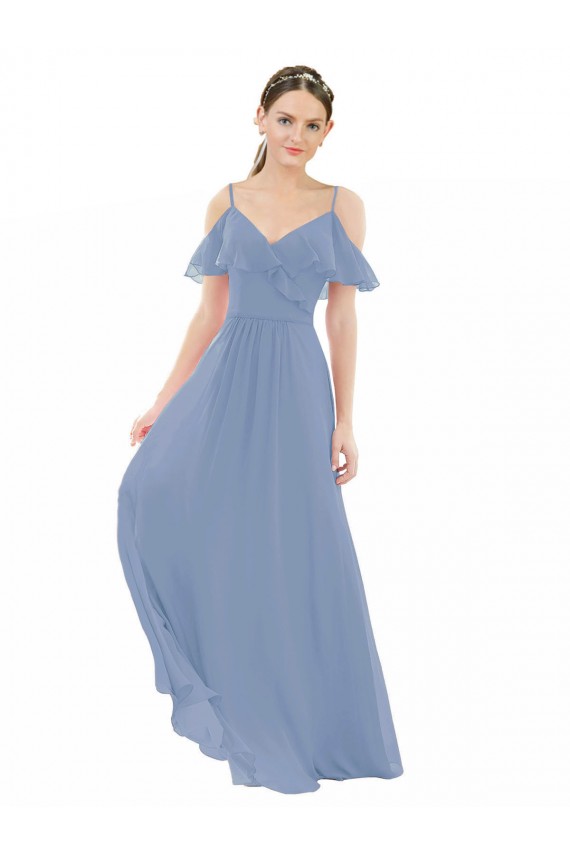 Staubiges Blau A-Linien V-Ausschnitt Chiffon Lange Brautjungfernkleider Hersteller